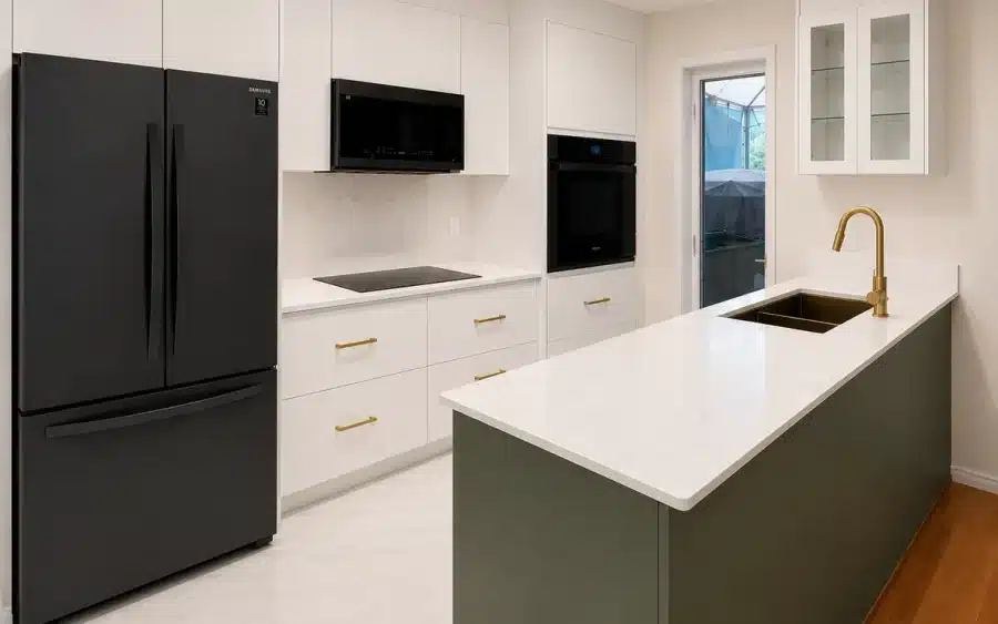 Cuisine sur mesure deux tons avec îlot vert sauge mat et comptoir de quartz, réalisée par Limakdéco à Pointe-Claire