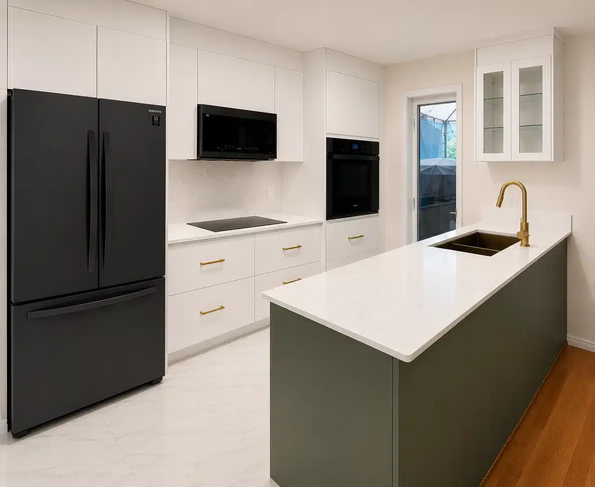 Cuisine sur mesure deux tons avec îlot vert sauge mat et comptoir de quartz, réalisée par Limakdéco à Pointe-Claire