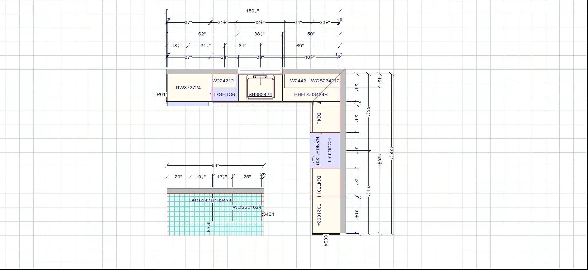 Plan de cuisine du projet Limakdéco à Terrebonne, avec les armoires et l’îlot