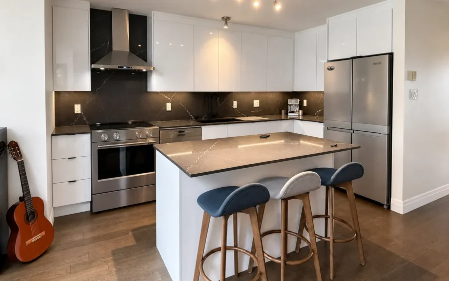 Cuisine blanche sans poignées et îlot en quartz noir réalisés par Limakdéco à Pierrefonds en février 2026