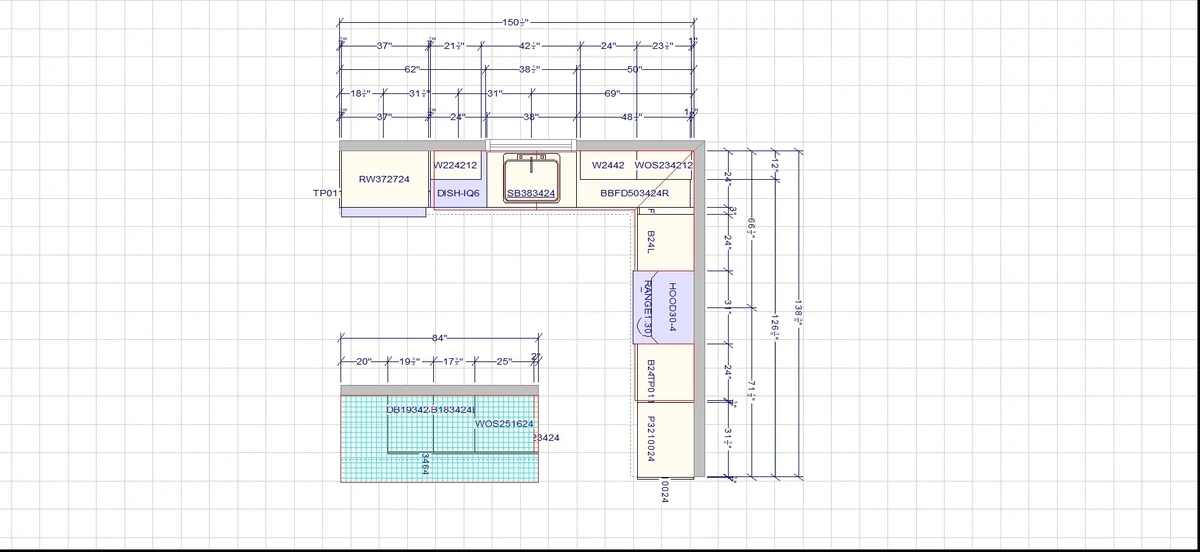AutoCAD shop drawing of the custom kitchen layout for the Terrebonne project, with cabinet codes and dimensions