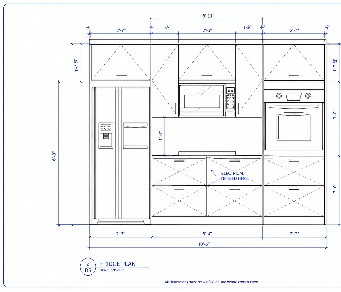 Élévation AutoCAD du mur du réfrigérateur pour une cuisine sur mesure à Pointe-Claire, avec dimensions