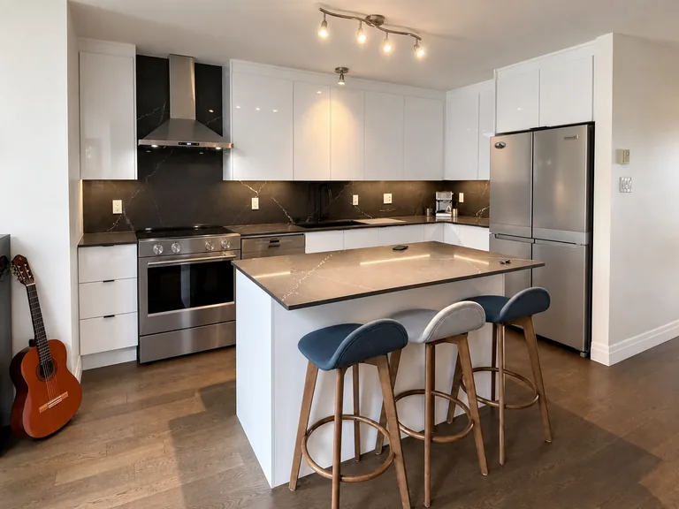 Cuisine sans poignées blanc lustré avec dosseret et îlot en quartz noir veiné à Pierrefonds, Ouest-de-l'Île