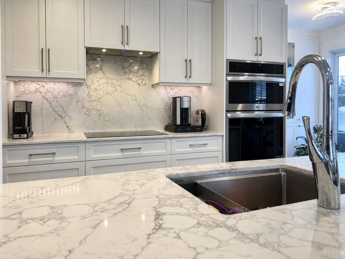 Renoir quartz island and full height backsplash with double wall ovens in a white shaker kitchen, Bois-Franc