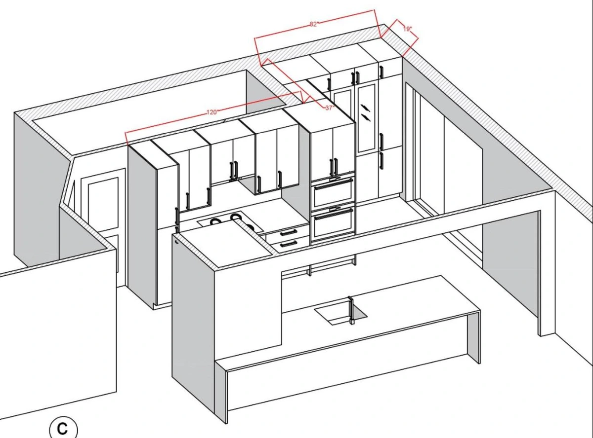 AutoCAD perspective drawing of the one wall kitchen with island for the Bois-Franc project, with dimensions