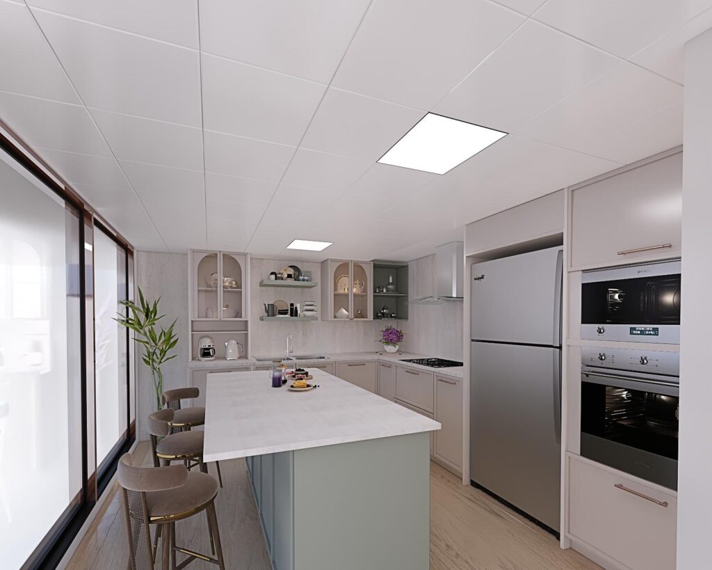 3D kitchen design rendering for a Montréal home by Limakdéco