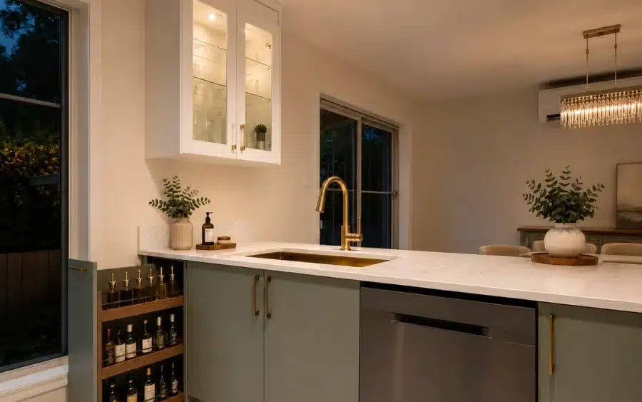 Gold faucet, sage-green base cabinets and wine storage in Limakdéco’s Pointe-Claire kitchen