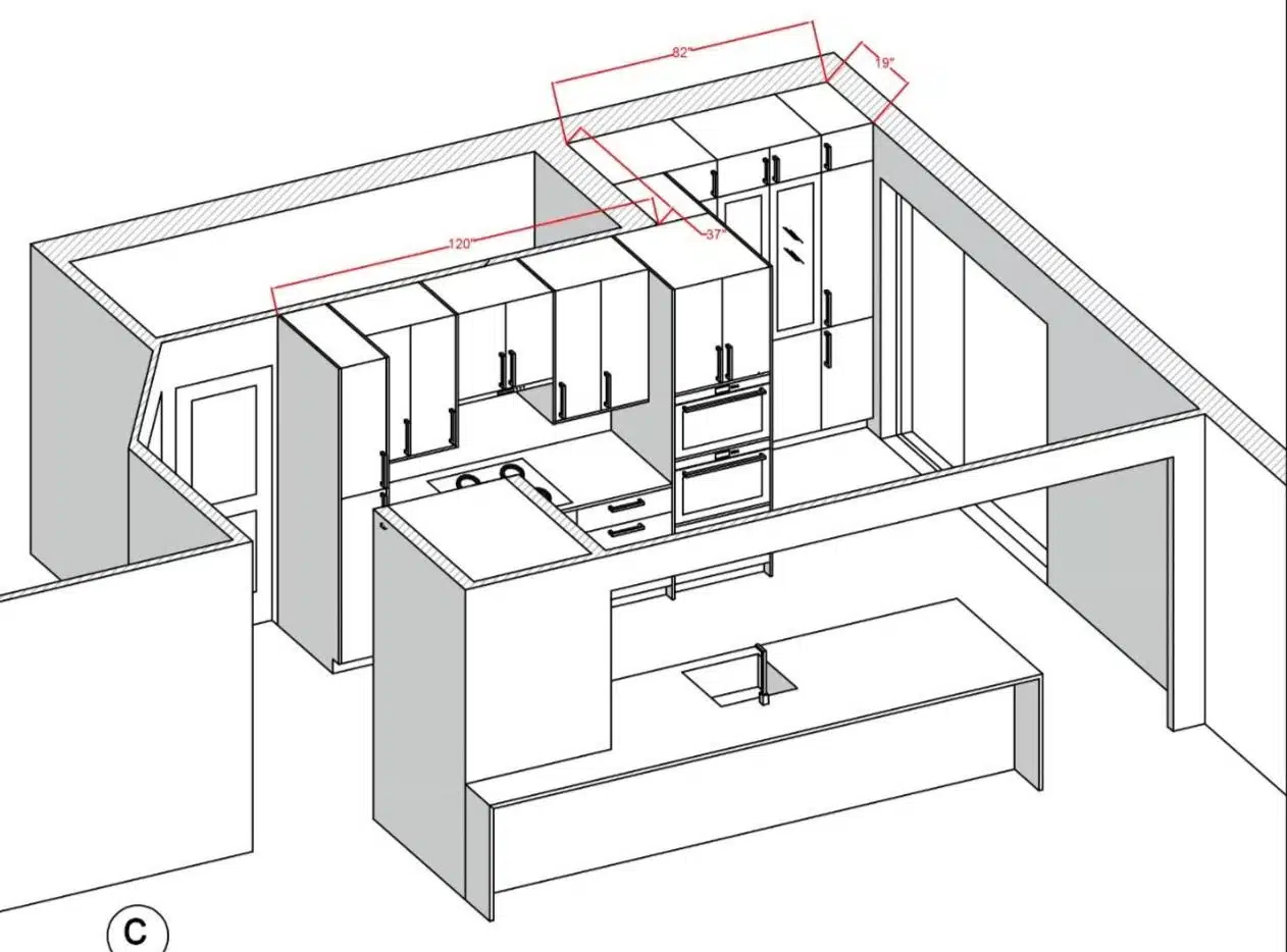 Kitchen planning drawing for a Limakdéco renovation, with cabinet and appliance positions